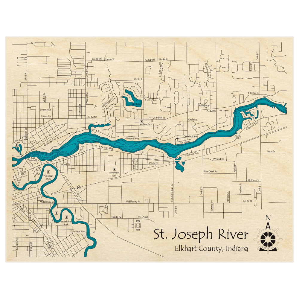 Bathymetric topo map of St Joseph River (At Elkhart / From Elkhart Dam to CR17 Bridge) with roads, towns and depths noted in blue water