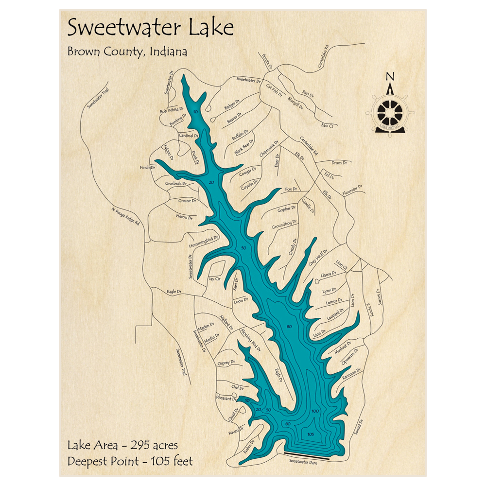 Bathymetric topo map of Sweetwater Lake with roads, towns and depths noted in blue water