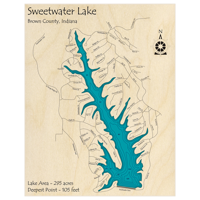 Bathymetric topo map of Sweetwater Lake with roads, towns and depths noted in blue water