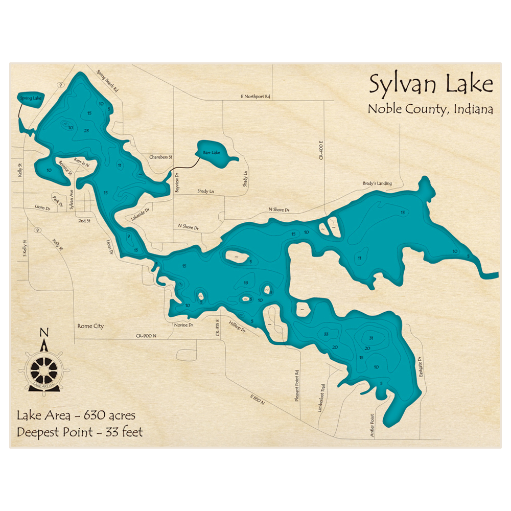 Bathymetric topo map of Sylvan Lake with roads, towns and depths noted in blue water