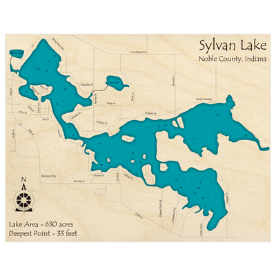 Bathymetric topo map of Sylvan Lake with roads, towns and depths noted in blue water