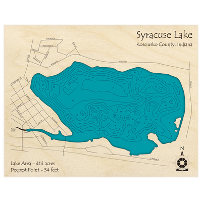 Bathymetric topo map of Syracuse Lake with roads, towns and depths noted in blue water