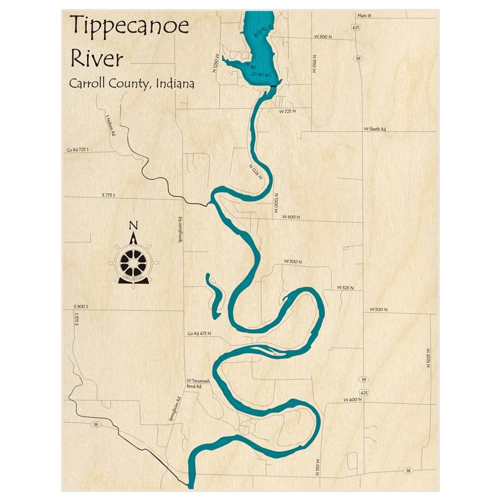 Bathymetric topo map of Tippecanoe River (Lake Freeman Dam to Indiana State Road 18) with roads, towns and depths noted in blue water