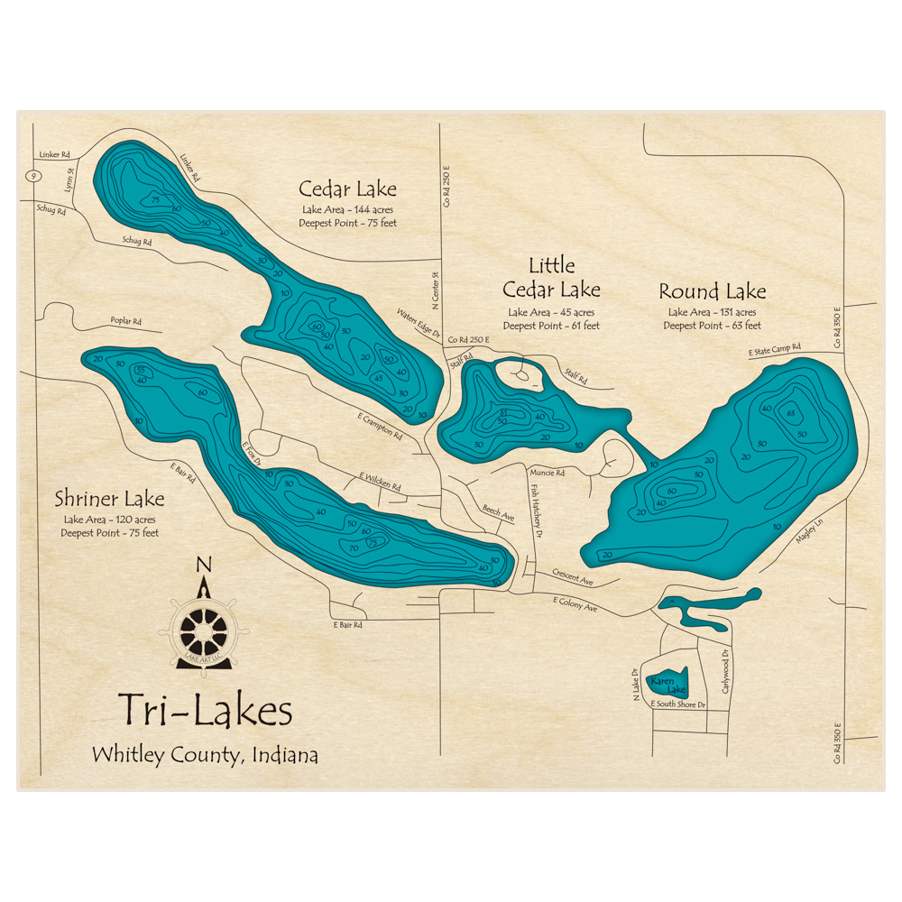 Bathymetric topo map of Tri-Lakes (Cedar Little Cedar Round and Shriner Lakes) with roads, towns and depths noted in blue water