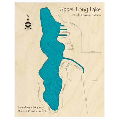 Bathymetric topo map of Upper Long Lake with roads, towns and depths noted in blue water