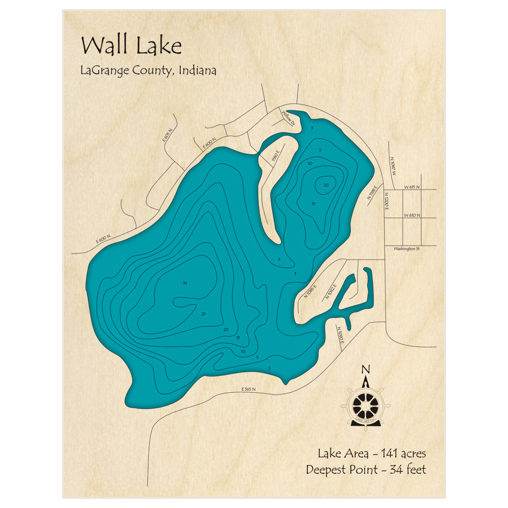 Bathymetric topo map of Wall Lake with roads, towns and depths noted in blue water