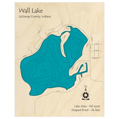 Bathymetric topo map of Wall Lake with roads, towns and depths noted in blue water