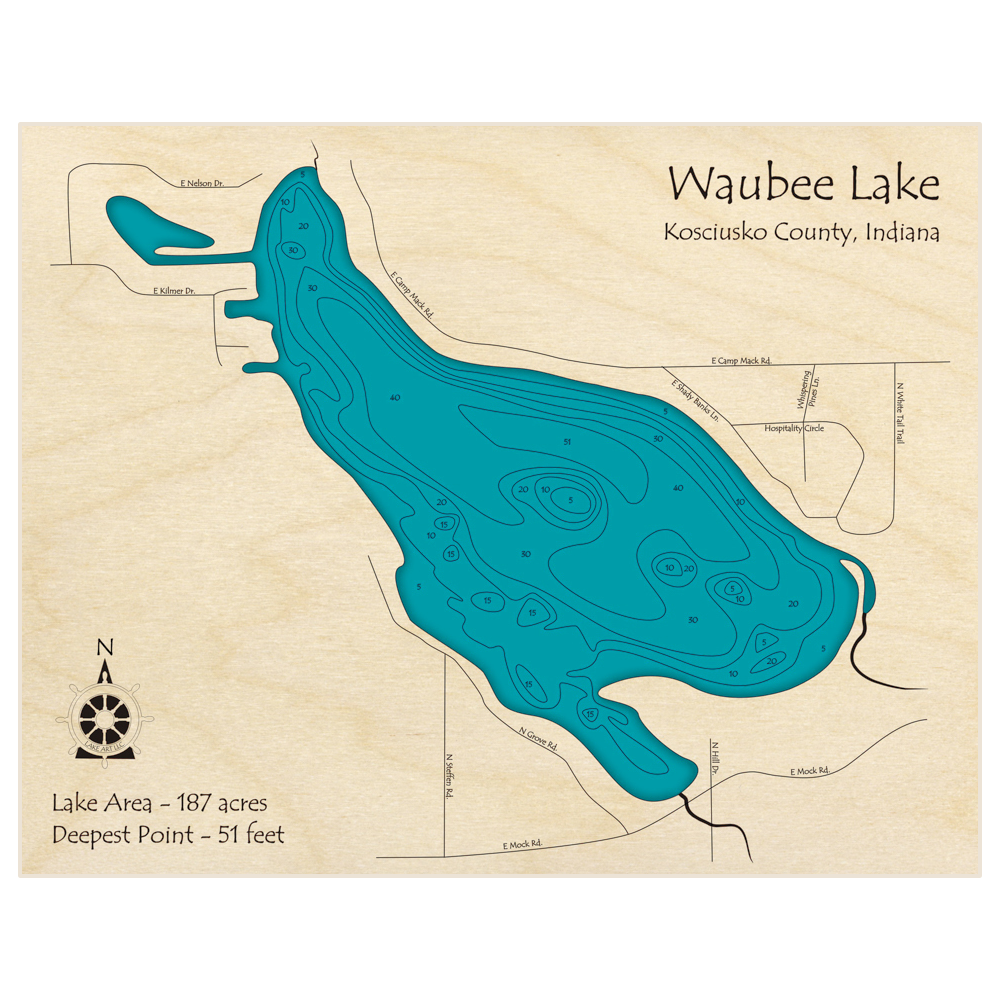 Bathymetric topo map of Waubee Lake with roads, towns and depths noted in blue water