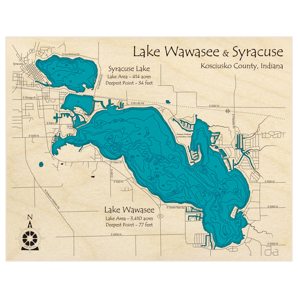 Lake Wawasee 3D Custom Wood Map Lake Art LLC   IN Wawasee 20and 20Syracuse Kosciusko PROOF 1400x 