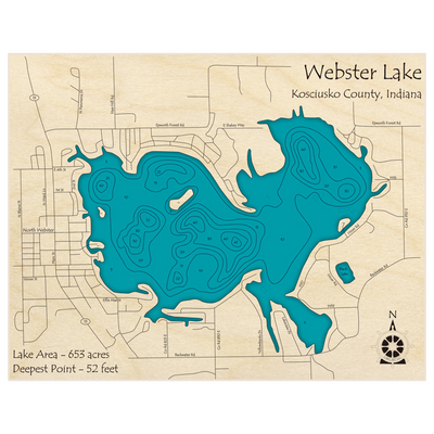 Bathymetric topo map of Webster Lake with roads, towns and depths noted in blue water