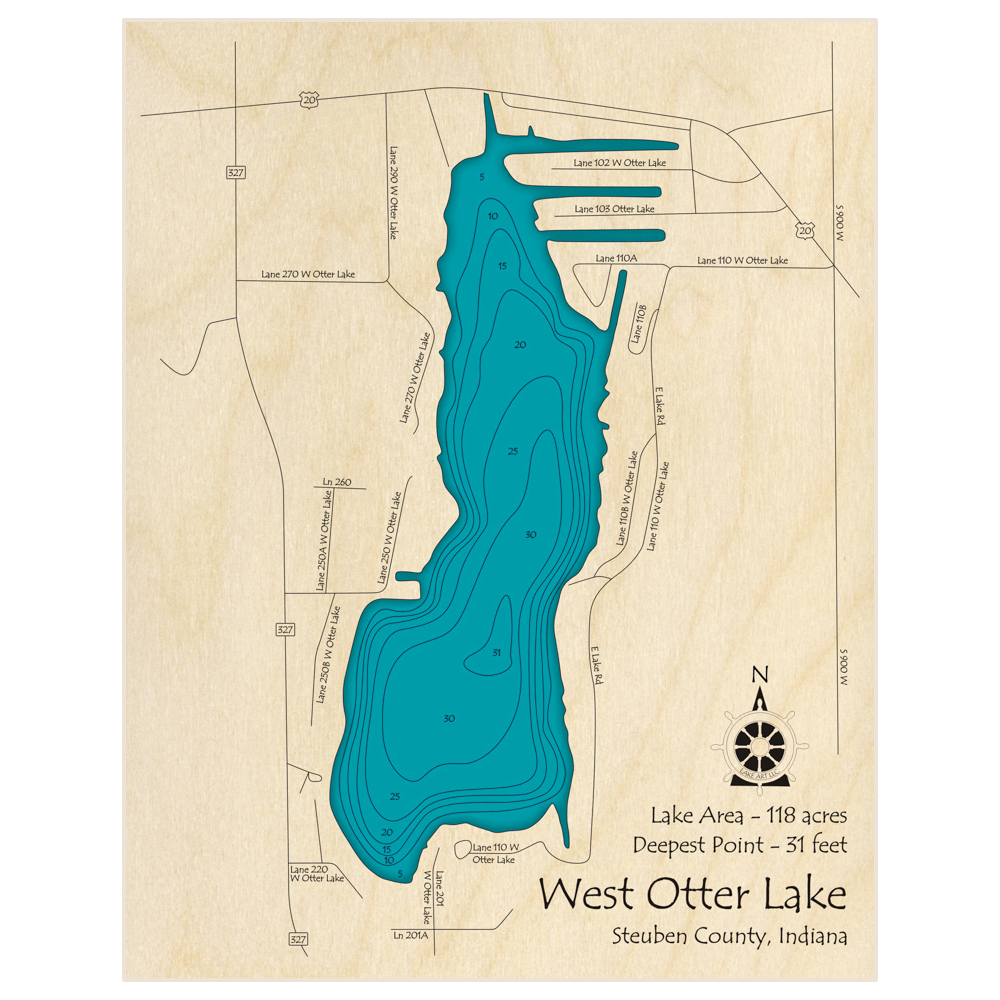 Bathymetric topo map of West Otter Lake with roads, towns and depths noted in blue water