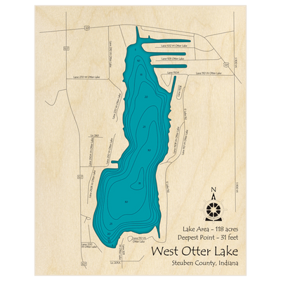 Bathymetric topo map of West Otter Lake with roads, towns and depths noted in blue water