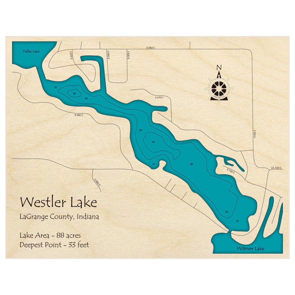 Bathymetric topo map of Westler Lake with roads, towns and depths noted in blue water