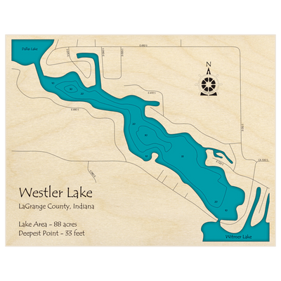 Bathymetric topo map of Westler Lake with roads, towns and depths noted in blue water