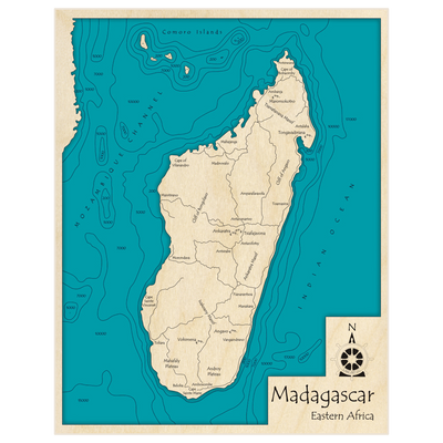 Bathymetric topo map of Madagascar with roads, towns and depths noted in blue water