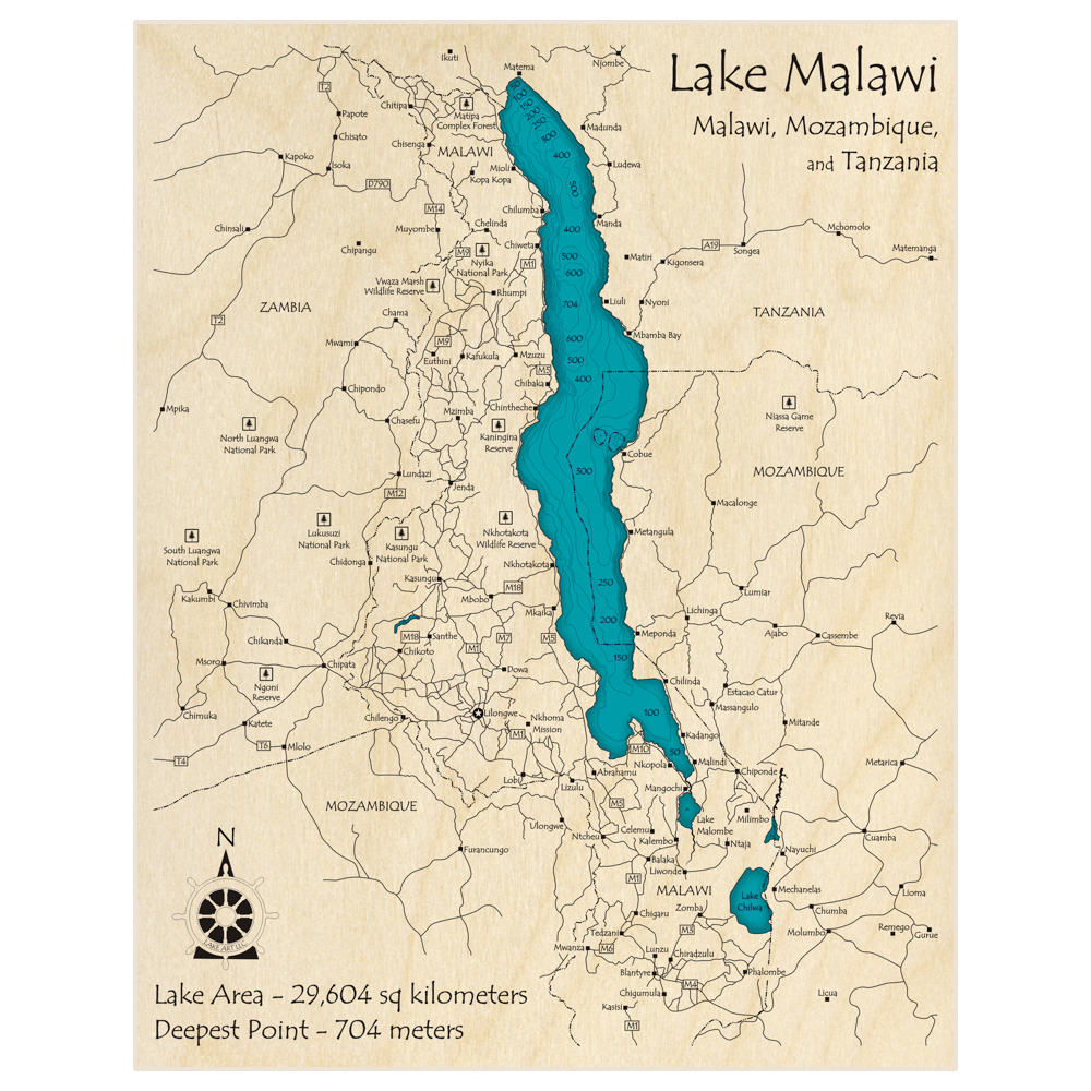 Bathymetric topo map of Lake Malawi with roads, towns and depths noted in blue water