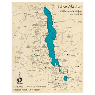 Bathymetric topo map of Lake Malawi with roads, towns and depths noted in blue water