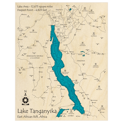 Bathymetric topo map of Lake Tanganyika with roads, towns and depths noted in blue water