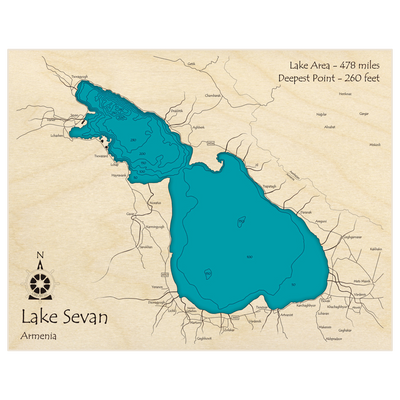 Bathymetric topo map of Lake Sevan with roads, towns and depths noted in blue water