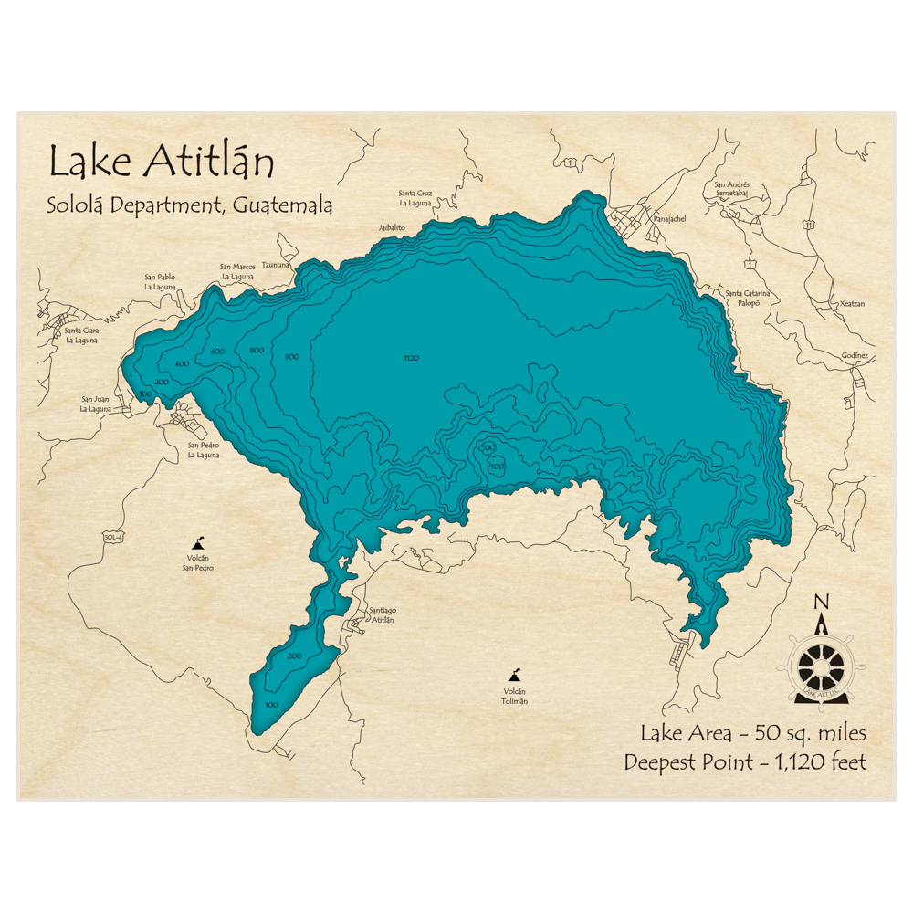 Bathymetric topo map of Lake Atitlan with roads, towns and depths noted in blue water