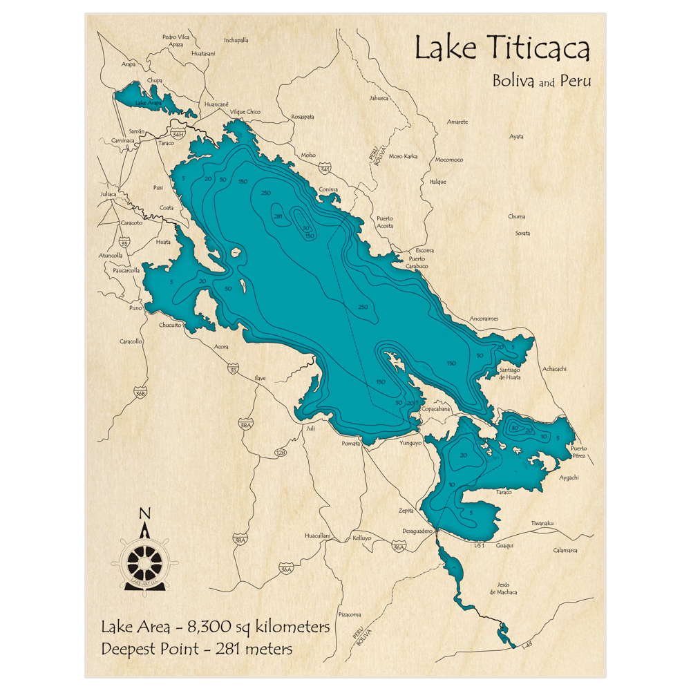 Bathymetric topo map of Lake Titicaca with roads, towns and depths noted in blue water