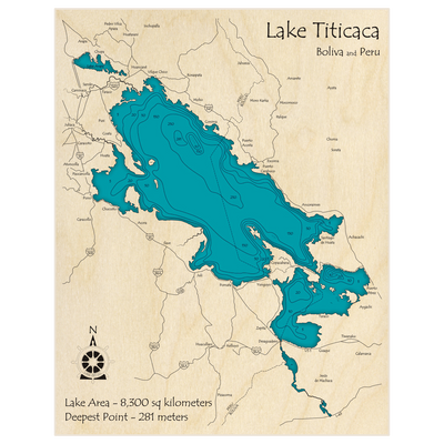 Bathymetric topo map of Lake Titicaca with roads, towns and depths noted in blue water