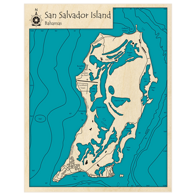 Bathymetric topo map of San Salvador Island with roads, towns and depths noted in blue water