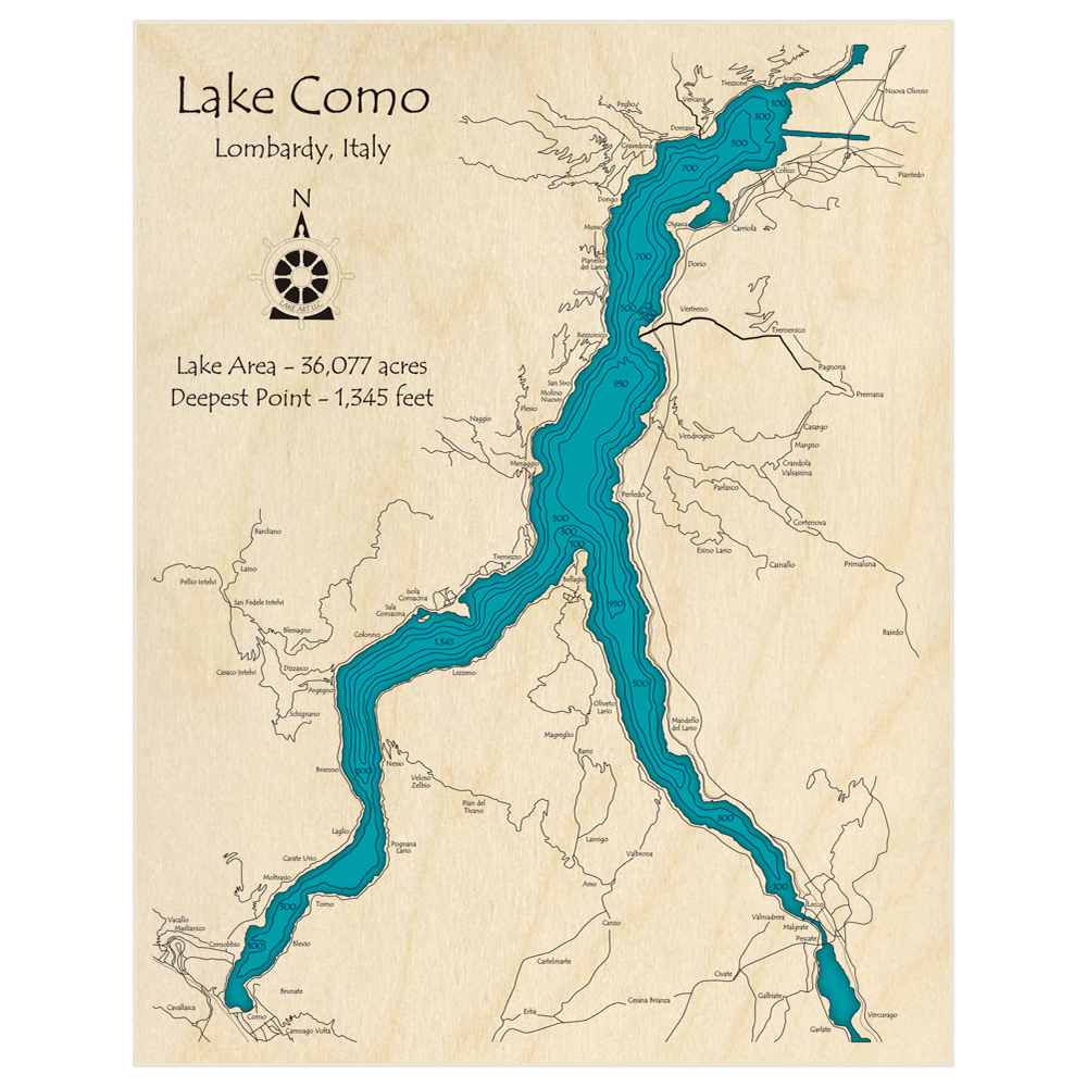 Bathymetric topo map of Lake Como with roads, towns and depths noted in blue water