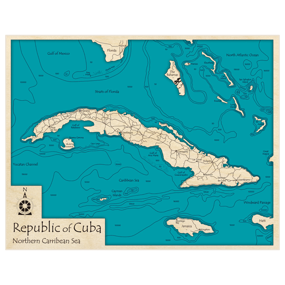 Bathymetric topo map of Republic of Cuba with roads, towns and depths noted in blue water