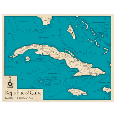 Bathymetric topo map of Republic of Cuba with roads, towns and depths noted in blue water