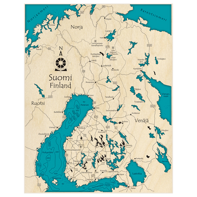 Bathymetric topo map of Suomi / Finland (The entire nation of Finland) with roads, towns and depths noted in blue water