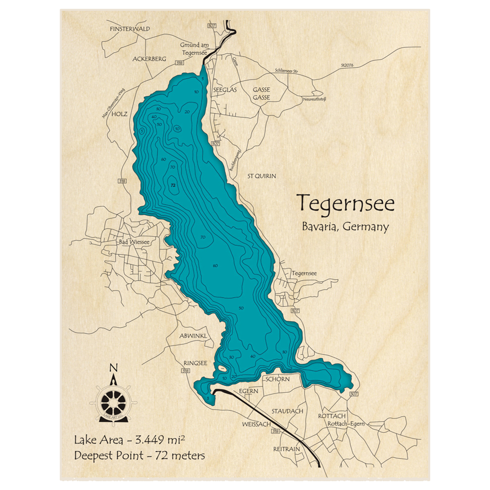 Bathymetric topo map of Tegernsee with roads, towns and depths noted in blue water