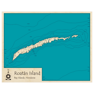 Bathymetric topo map of Roatan Island with roads, towns and depths noted in blue water