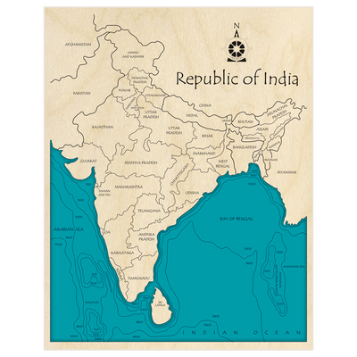 Bathymetric topo map of India with roads, towns and depths noted in blue water