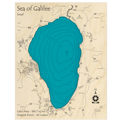 Bathymetric topo map of Sea of Galilee with roads, towns and depths noted in blue water