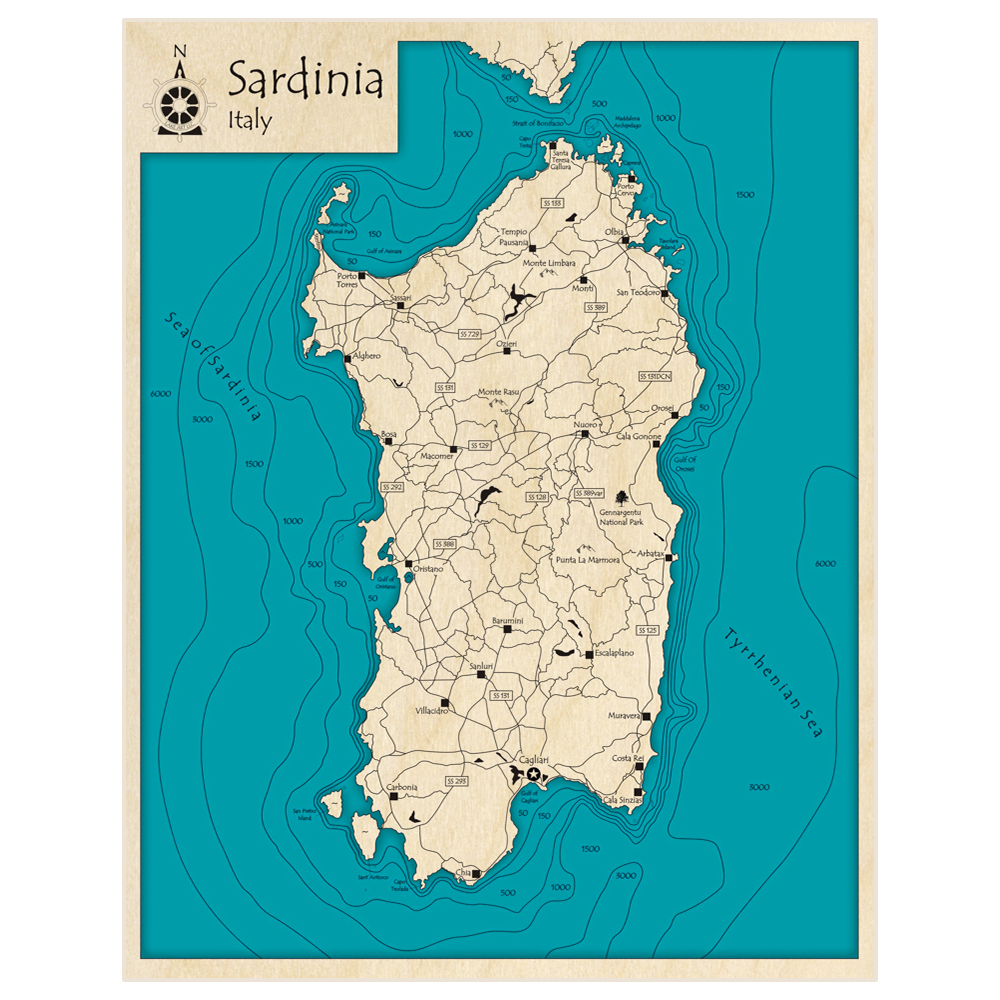 Bathymetric topo map of Sardinia with roads, towns and depths noted in blue water