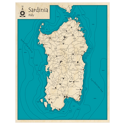 Bathymetric topo map of Sardinia with roads, towns and depths noted in blue water