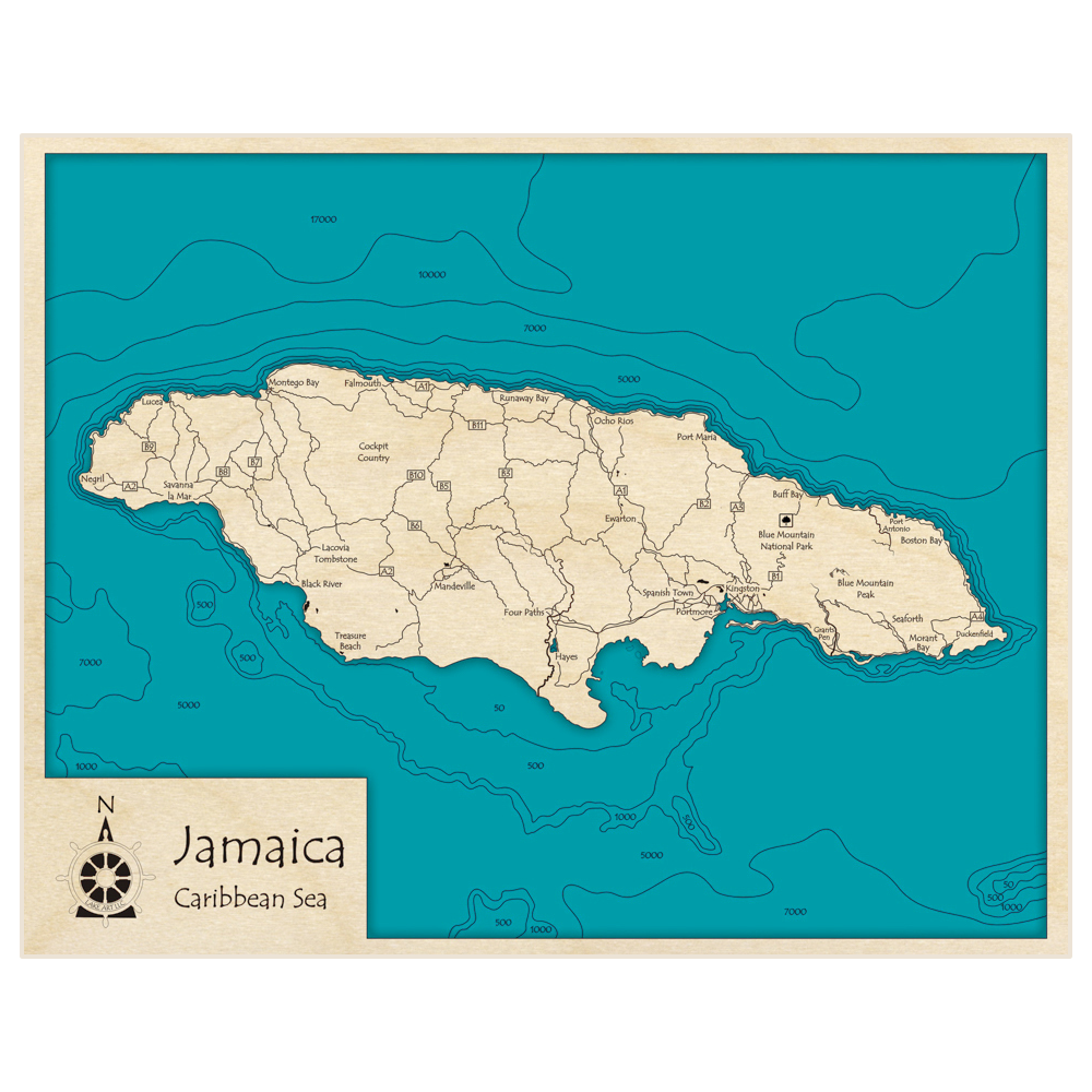 Bathymetric topo map of Jamaica with roads, towns and depths noted in blue water