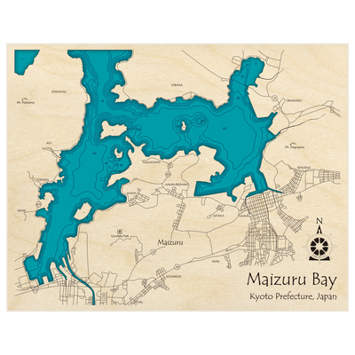 Bathymetric topo map of Maizuru with roads, towns and depths noted in blue water