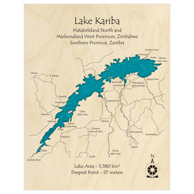 Bathymetric topo map of Lake Kariba  with roads, towns and depths noted in blue water