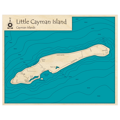 Bathymetric topo map of Little Cayman Island with roads, towns and depths noted in blue water