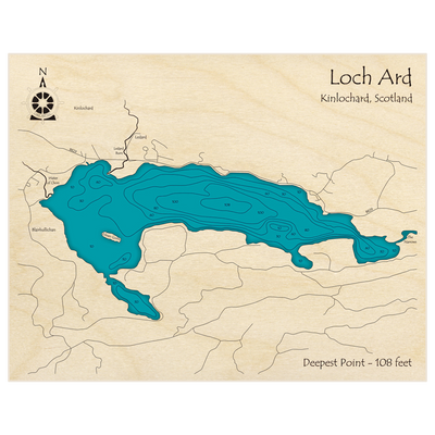 Bathymetric topo map of Loch Ard with roads, towns and depths noted in blue water