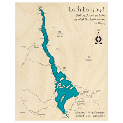 Bathymetric topo map of Loch Lomond with roads, towns and depths noted in blue water