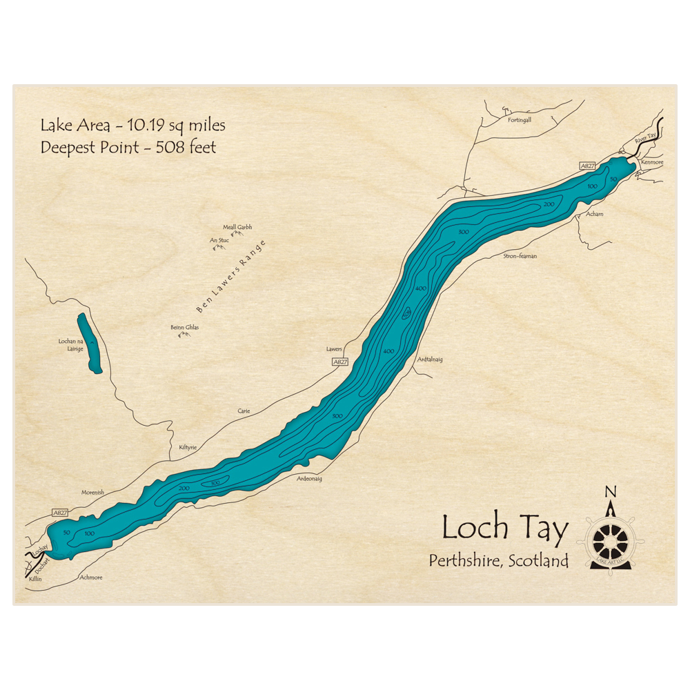 Bathymetric topo map of Loch Tay with roads, towns and depths noted in blue water