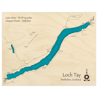 Bathymetric topo map of Loch Tay with roads, towns and depths noted in blue water