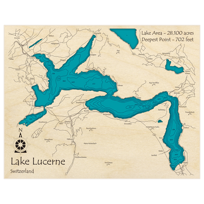 Bathymetric topo map of Lake Lucerne with roads, towns and depths noted in blue water