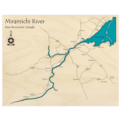 Bathymetric topo map of Miramichi River  with roads, towns and depths noted in blue water