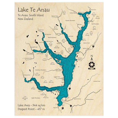 Bathymetric topo map of Lake Te Anau with roads, towns and depths noted in blue water