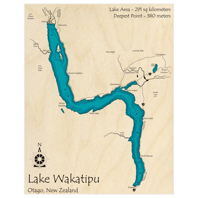 Bathymetric topo map of Lake Wakatipu with roads, towns and depths noted in blue water