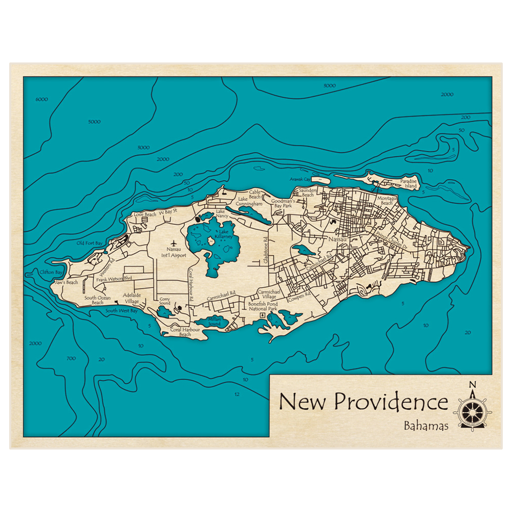 Bathymetric topo map of New Providence with roads, towns and depths noted in blue water